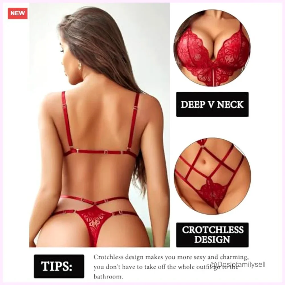 Lace Teddy Bodysuit Deep V Cut Out Adjustable Straps Sexy Lingerie Babydoll